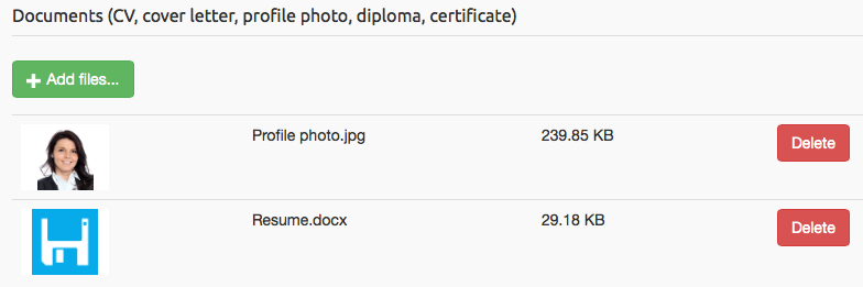 File Upload (cv, cover letter, profile photo, diploma, certificate, video)